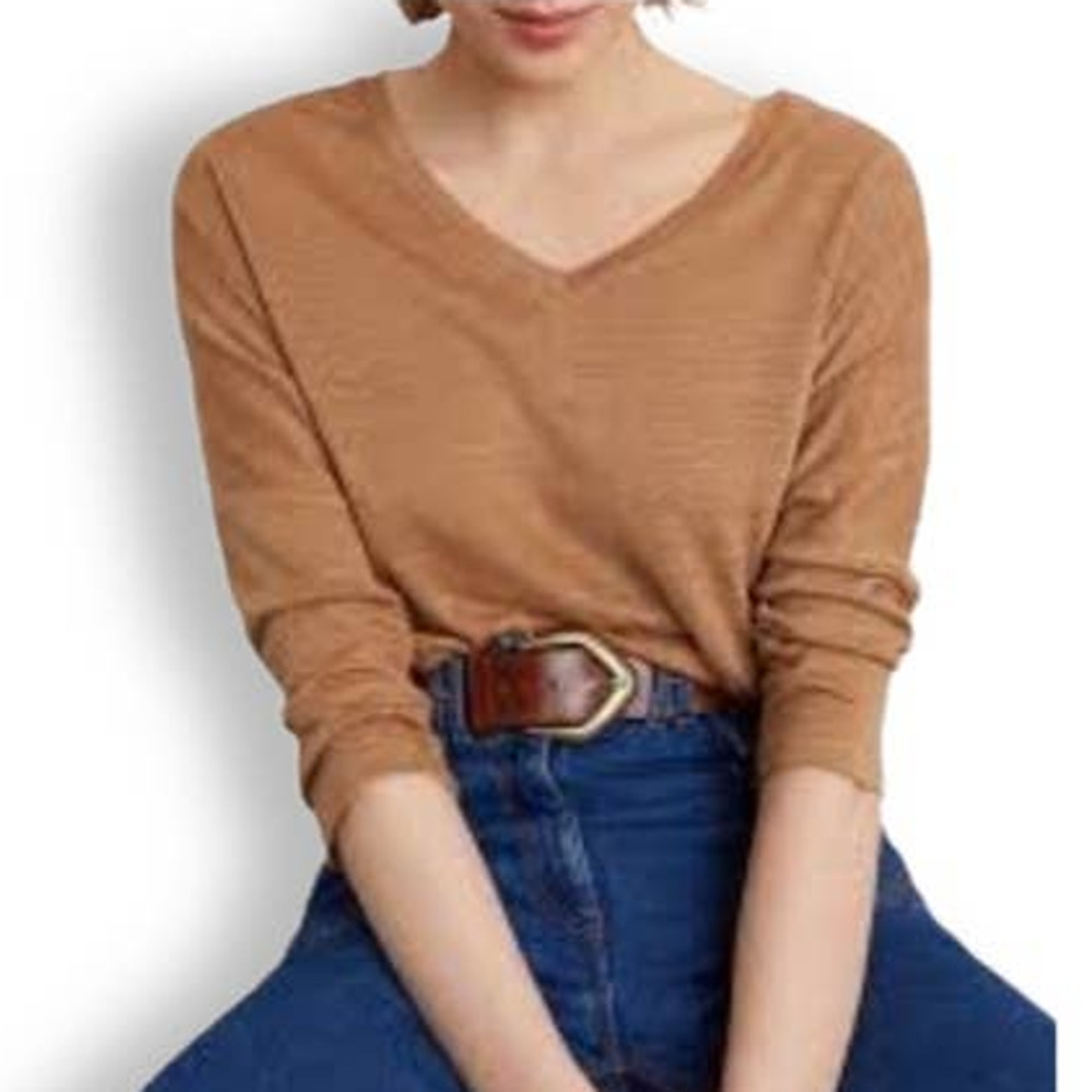 LANDS END shaped Cotton V-neck long sleeve-L